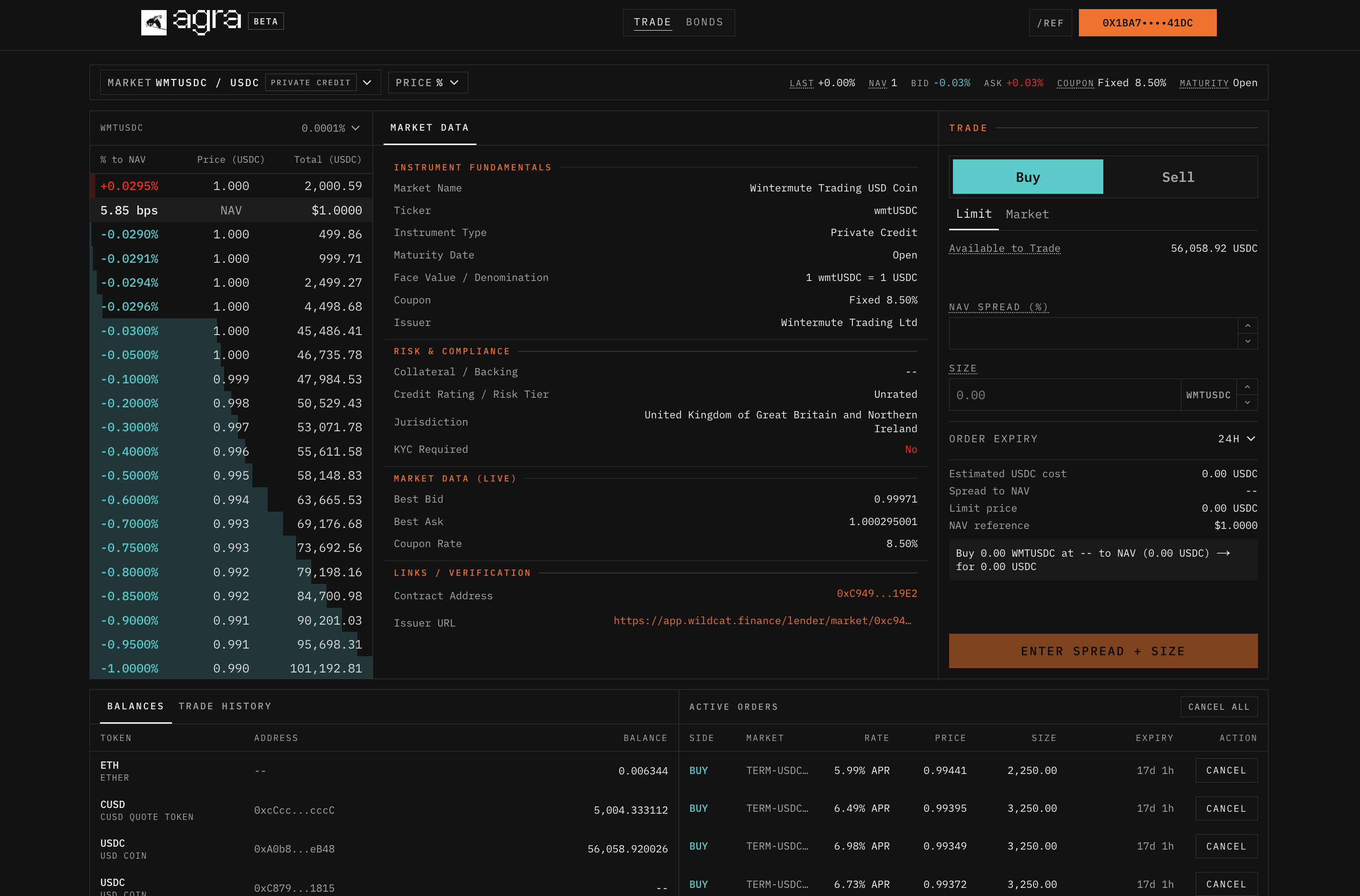 Agra trading interface screenshot